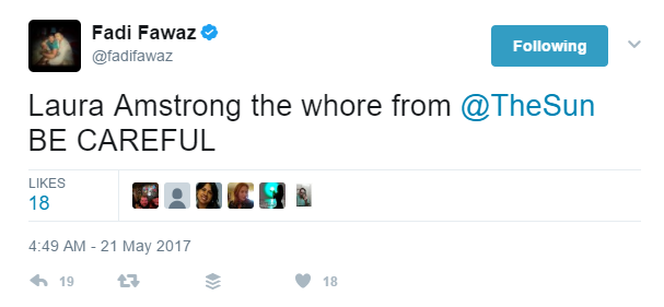 Fadi Fawaz tweet about The Sun May 21 allegations